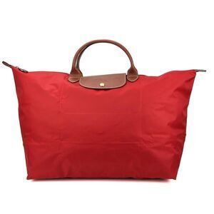 Longchamp Le Pliage 1624 Large Travel Bag Short Handle Brown Leather Red Nylon